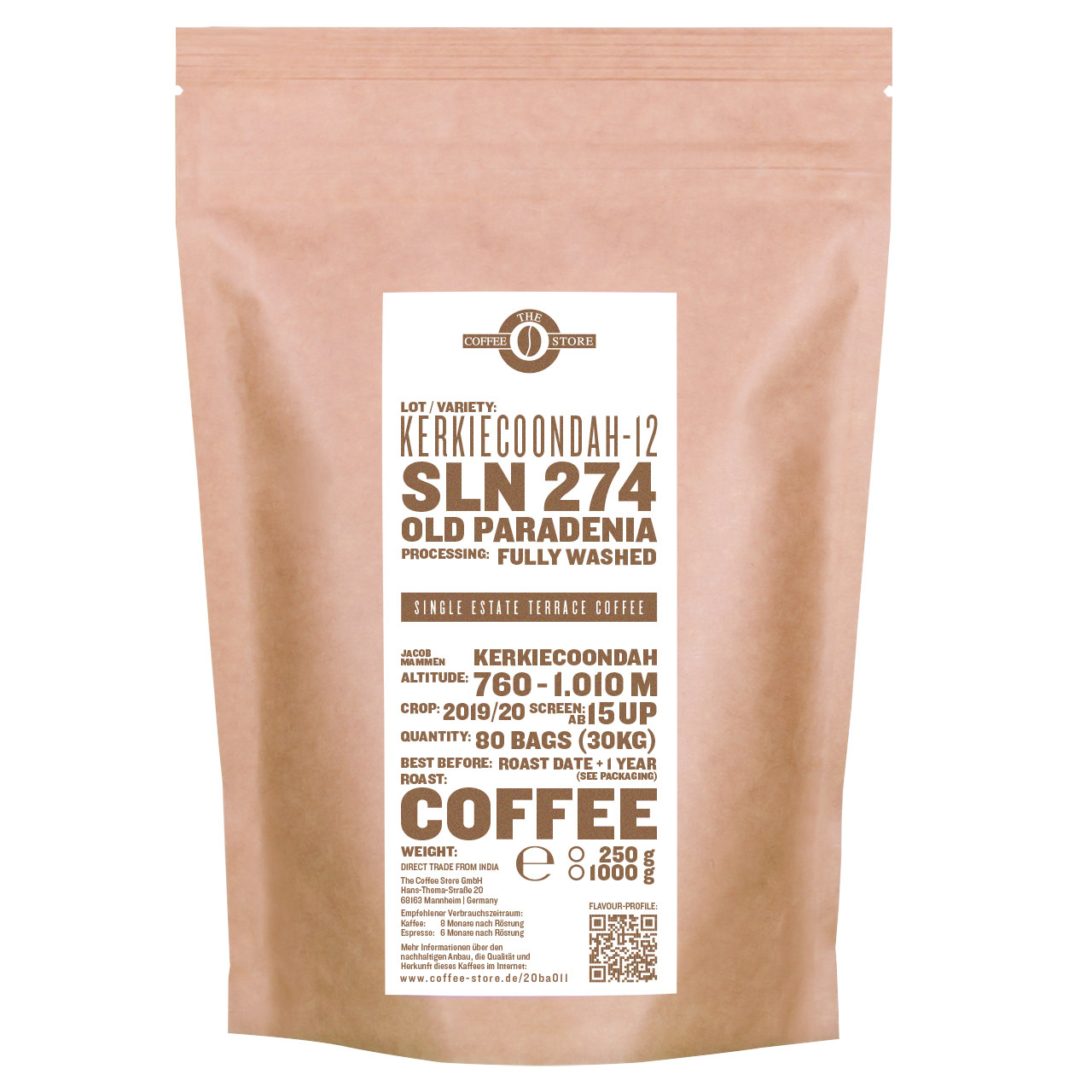 Eine Tüte gerösteter Kaffee von The Coffee Store. Kaffeeröstung Varietät SLN 274/Old Paradenia.