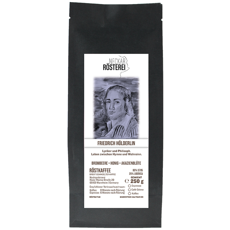 Eine Tüte gerösteter Kaffee von Neckarrösterei. Mischung Hölderlin.