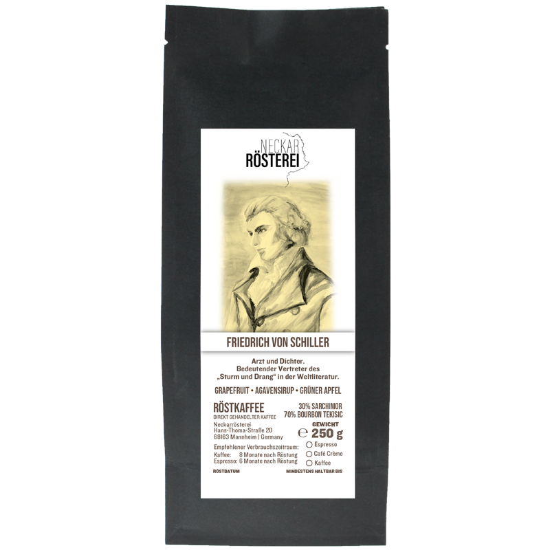 Eine Tüte gerösteter Kaffee von Neckarrösterei. Mischung Friedrich Schiller.