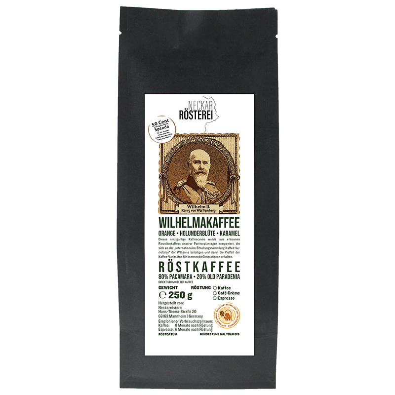 Eine Tüte gerösteter Kaffee von Neckarrösterei. Mischung Wilhelmakaffee.